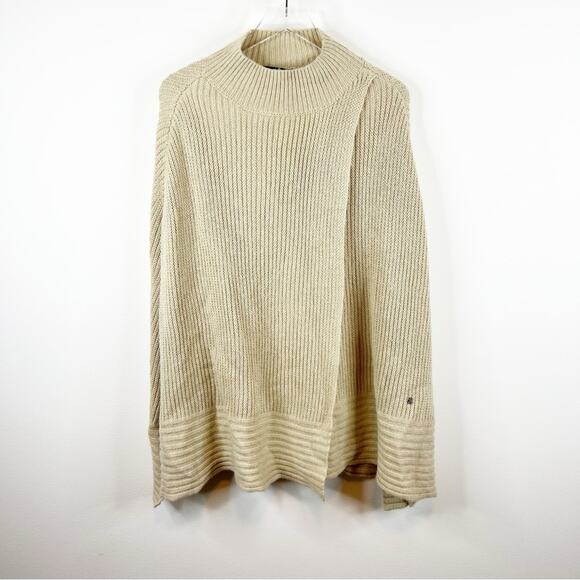 Lauren Ralph Lauren Wool Blend Faux Wrap Poncho L/XL Tan - Picture 1 of 5